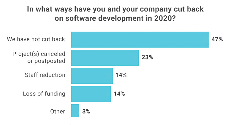 企業が 2020 年にソフトウェア開発を削減したと発表した方法を示す棒グラフ。