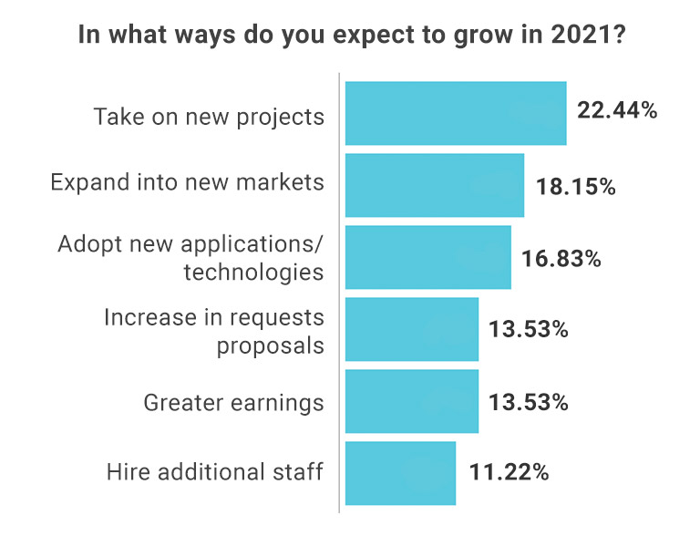 企業が 2021 年にどのように成長すると予想されるかを示す世論調査。