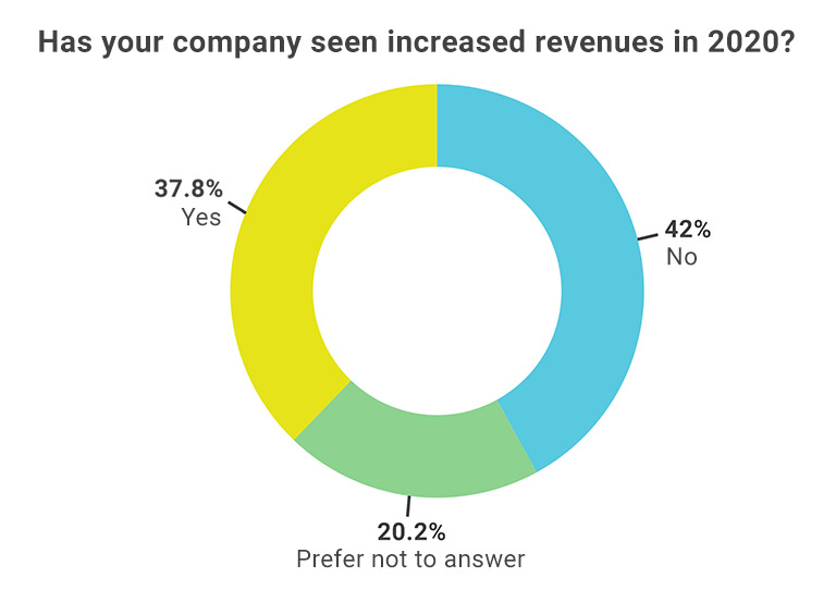 Doughnut chart depicting percentage of people polled saying their companies increased revenues for 2020.